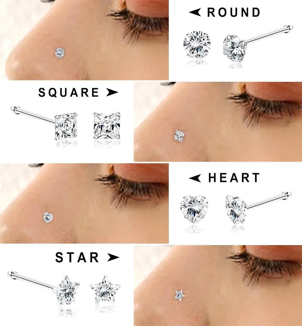 8-15Pcs 20G Nose Rings studs for Woman Hypoallergenic 316L Surgical Steel Nose Piercings Jewelry 2/3mm CZ L Shape Nose Rings 20 Gauge Nose Studs Nose Screw Studs Gold Silver