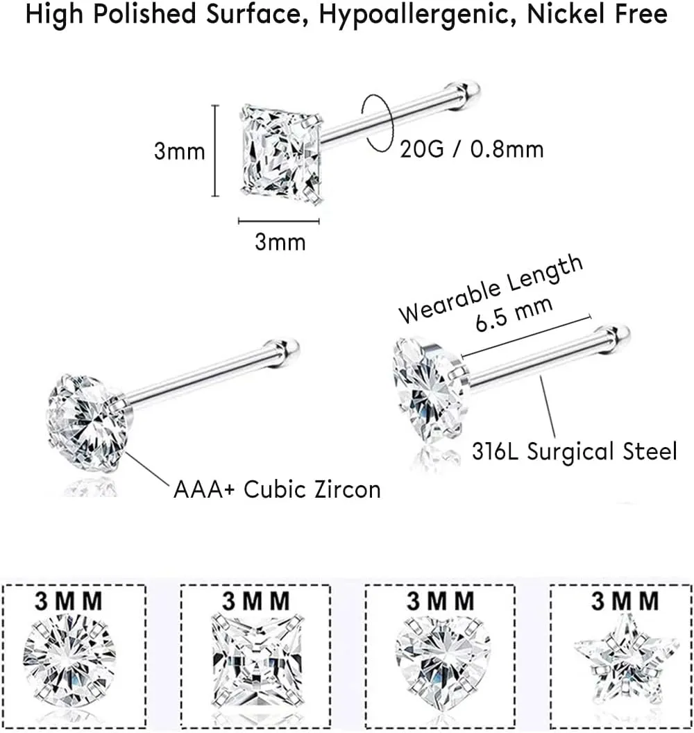 8-15Pcs 20G Nose Rings studs for Woman Hypoallergenic 316L Surgical Steel Nose Piercings Jewelry 2/3mm CZ L Shape Nose Rings 20 Gauge Nose Studs Nose Screw Studs Gold Silver