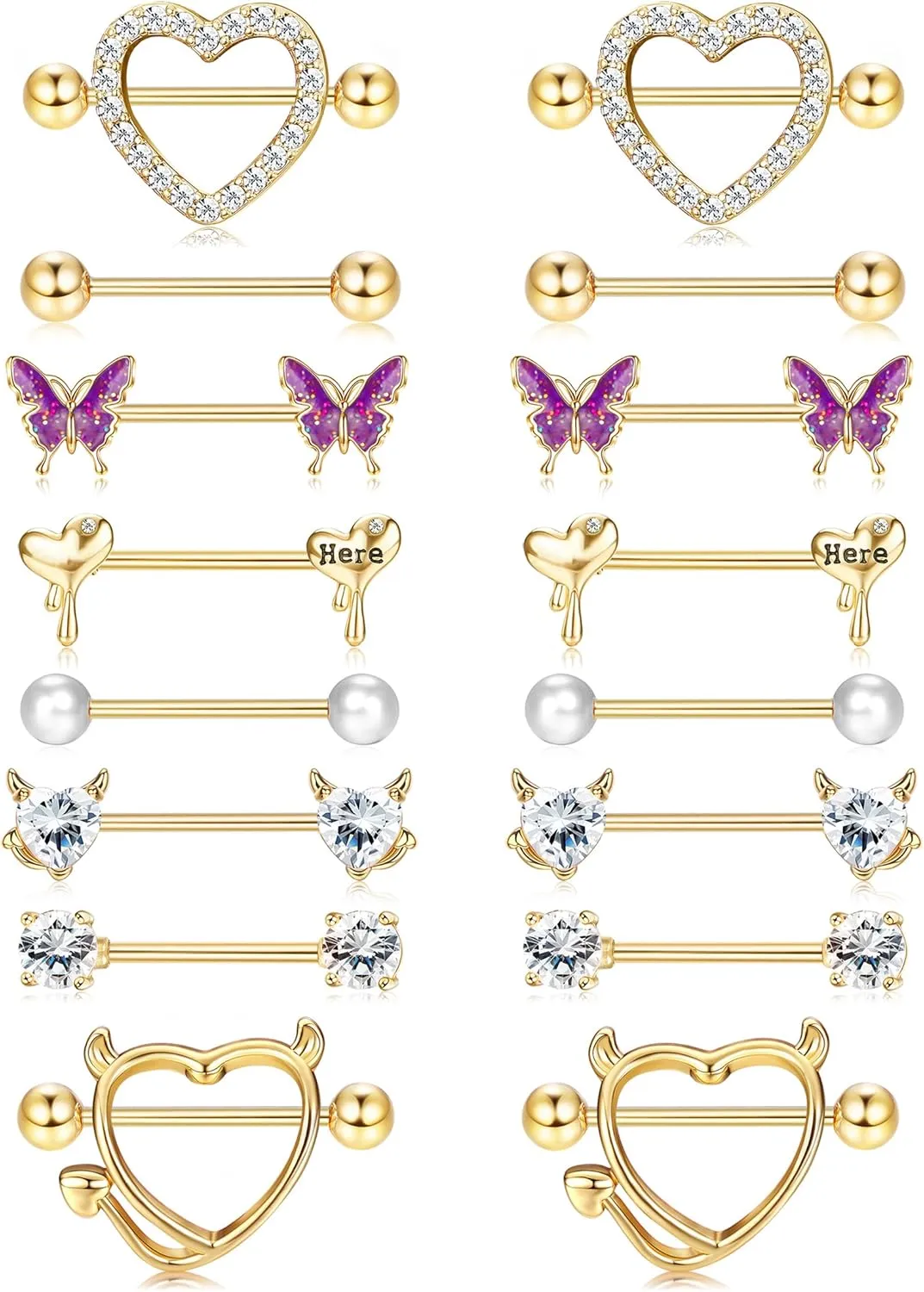 8 Pairs 14G Nipple Rings for Women Stainless Steel CZ Striaght Barbell Tongue Ring Nipple ring Set Butterfly Devil Heart Nipple Piercing Jewelry 16mm 5/8Inch