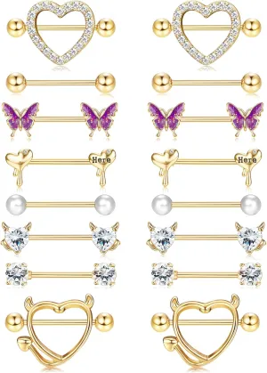 8 Pairs 14G Nipple Rings for Women Stainless Steel CZ Striaght Barbell Tongue Ring Nipple ring Set Butterfly Devil Heart Nipple Piercing Jewelry 16mm 5/8Inch