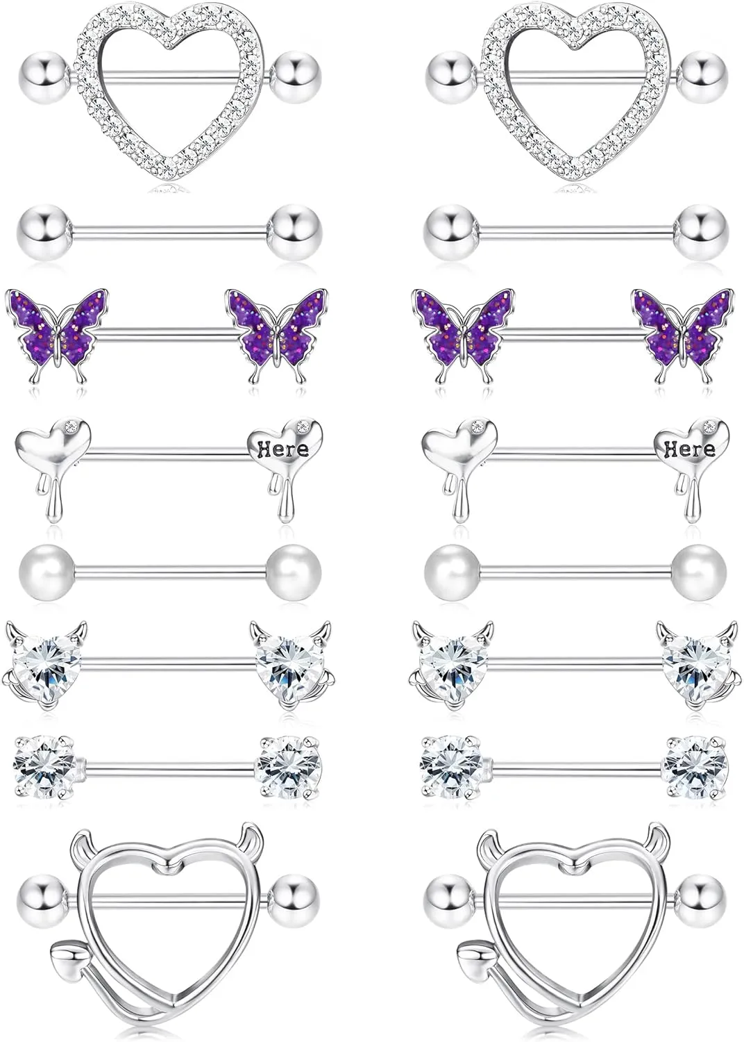 8 Pairs 14G Nipple Rings for Women Stainless Steel CZ Striaght Barbell Tongue Ring Nipple ring Set Butterfly Devil Heart Nipple Piercing Jewelry 16mm 5/8Inch