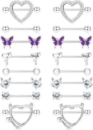 8 Pairs 14G Nipple Rings for Women Stainless Steel CZ Striaght Barbell Tongue Ring Nipple ring Set Butterfly Devil Heart Nipple Piercing Jewelry 16mm 5/8Inch