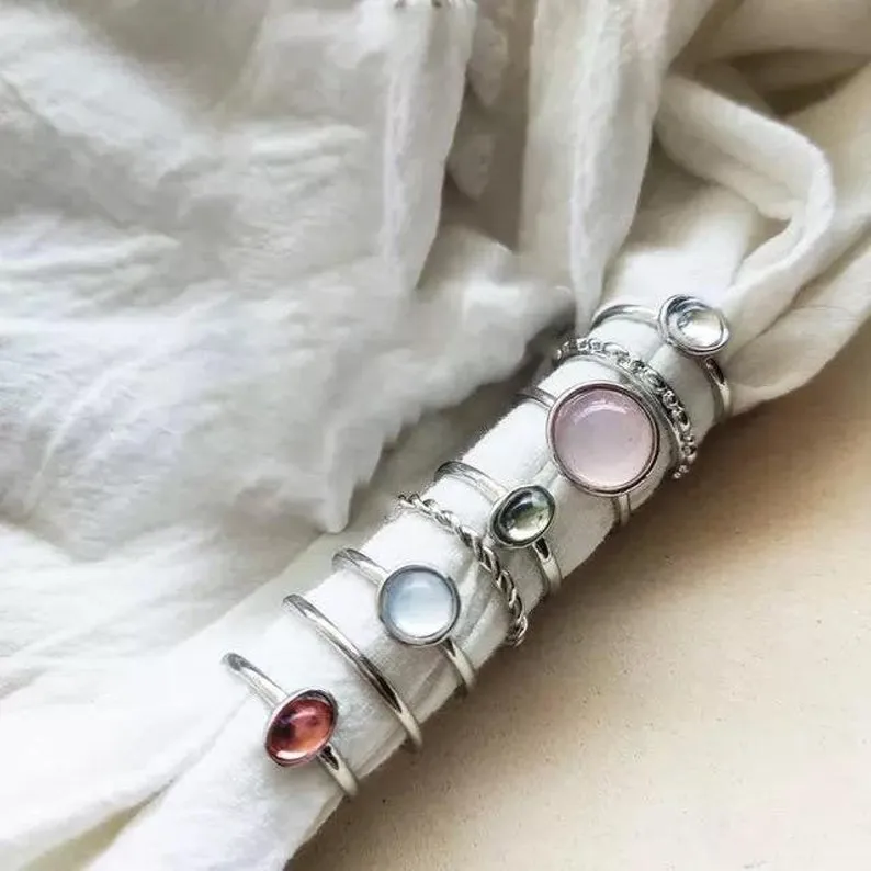 8 Pcs Set Colourful Stone Metallic Fashion Stacking Boho Rings