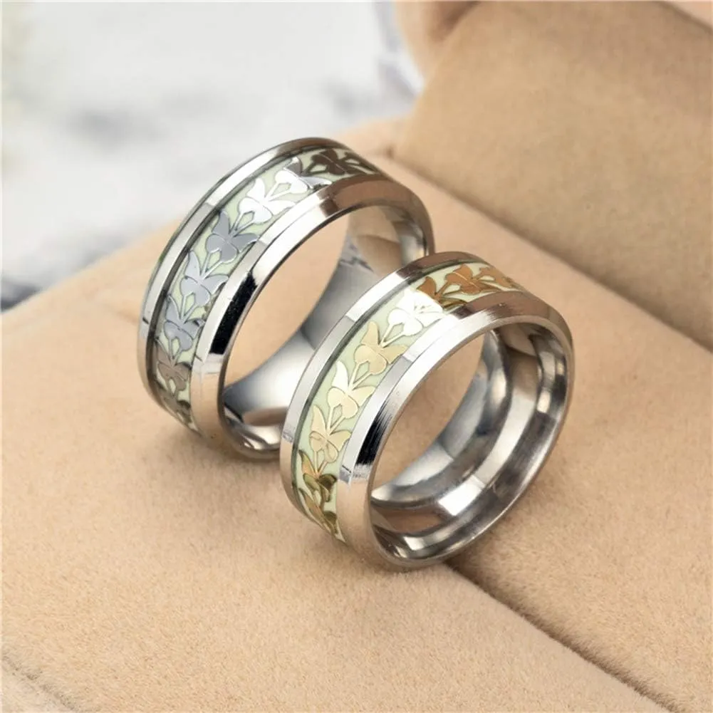 8MM Simple Style Stainless Steel Butterfly Rings Luminous Glow in The Dark Ring
