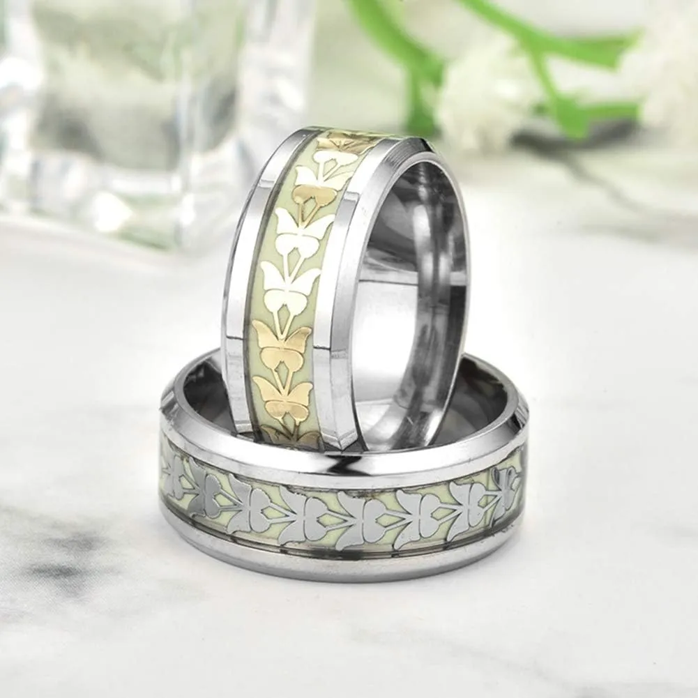 8MM Simple Style Stainless Steel Butterfly Rings Luminous Glow in The Dark Ring