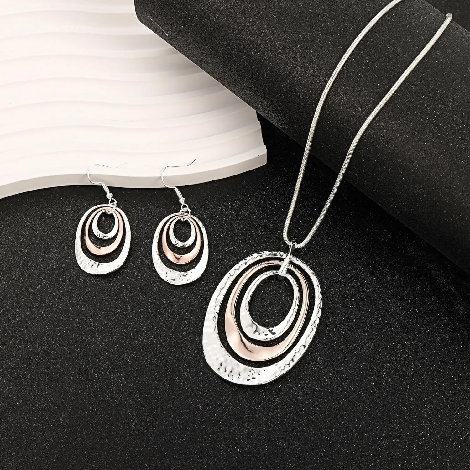 925 Silver Circle Earrings Necklace Set for Women - Hypoallergenic Dangle Earrings, Dainty Geometric Pendant Necklace, Boho Jewelry Set