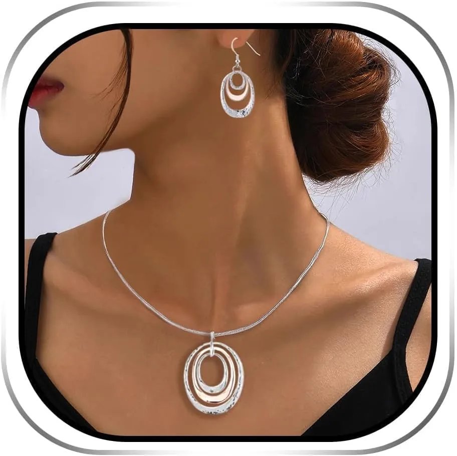925 Silver Circle Earrings Necklace Set for Women - Hypoallergenic Dangle Earrings, Dainty Geometric Pendant Necklace, Boho Jewelry Set
