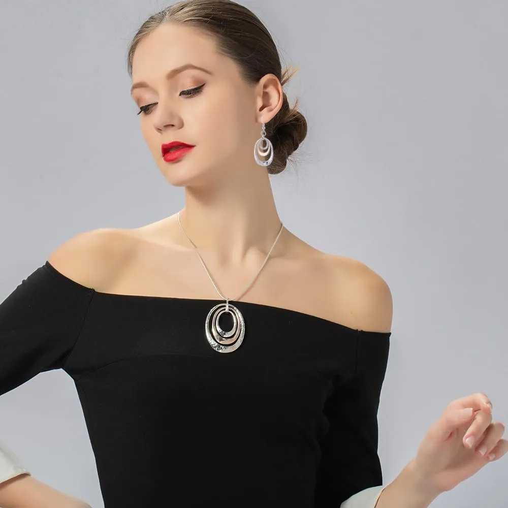 925 Silver Circle Earrings Necklace Set for Women - Hypoallergenic Dangle Earrings, Dainty Geometric Pendant Necklace, Boho Jewelry Set