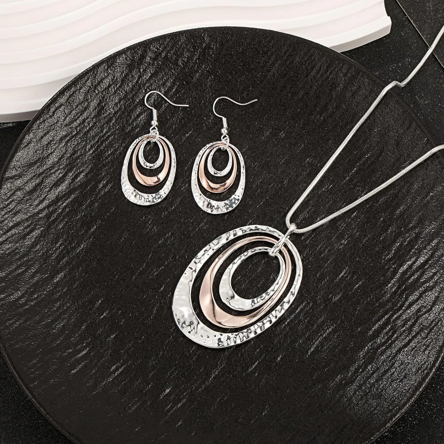 925 Silver Circle Earrings Necklace Set for Women - Hypoallergenic Dangle Earrings, Dainty Geometric Pendant Necklace, Boho Jewelry Set