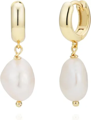 925 Sterling Silver 14K Gold Plated Delicate Small Hoop Pearl Earrings