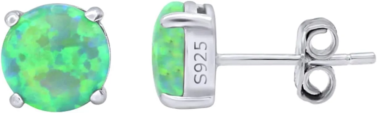 925 Sterling Silver 7mm Simulated Opal Round Cut Solitaire Stud Earrings 14K Gold Plated