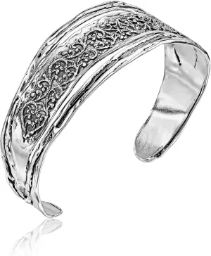 925 Sterling Silver Cuff Bracelet Adjustable Floral Design Nature Motif Casual And Elegant Look Hypoallergenic Nickel and Lead-free Artisan Handcrafted Designer collection, Made In Israel