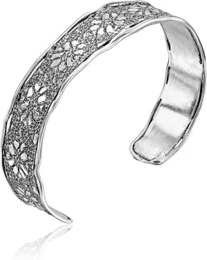 925 Sterling Silver Cuff Bracelet Adjustable Floral Design Nature Motif Casual And Elegant Look Hypoallergenic Nickel and Lead-free Artisan Handcrafted Designer collection, Made In Israel