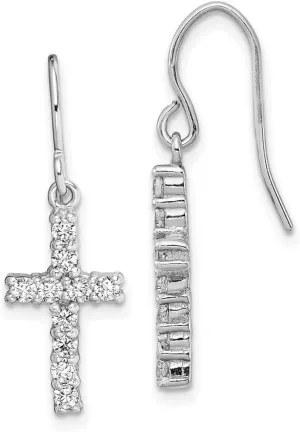 925 Sterling Silver Dangle Polished Shepherd hook CZ Cubic Zirconia Simulated Diamond Religious Faith Cross Earrings 32x12mm Wide - Jewelry Gift for Mom