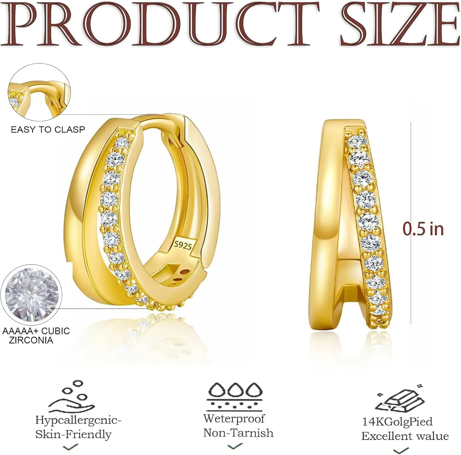925 Sterling Silver Double Hoop Earrings for Women, 18K Gold Plated Small Huggie Hoops with Cubic Zirconia, Hypoallergenic Dainty Cartilage Earrings for Sensitive Ears