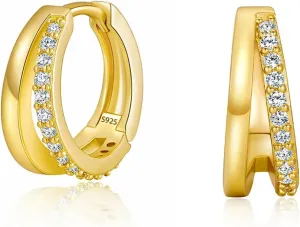 925 Sterling Silver Double Hoop Earrings for Women, 18K Gold Plated Small Huggie Hoops with Cubic Zirconia, Hypoallergenic Dainty Cartilage Earrings for Sensitive Ears