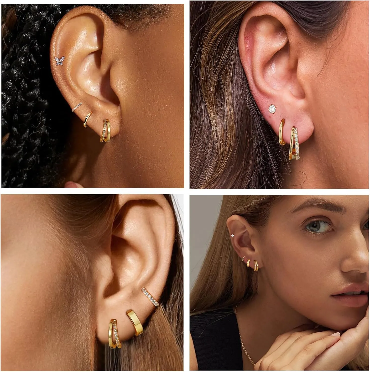 925 Sterling Silver Double Hoop Earrings for Women, 18K Gold Plated Small Huggie Hoops with Cubic Zirconia, Hypoallergenic Dainty Cartilage Earrings for Sensitive Ears
