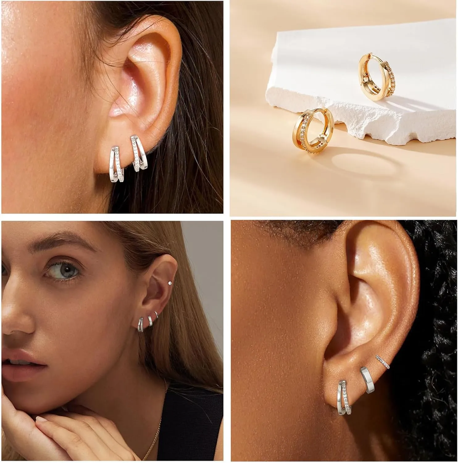 925 Sterling Silver Double Hoop Earrings for Women, 18K Gold Plated Small Huggie Hoops with Cubic Zirconia, Hypoallergenic Dainty Cartilage Earrings for Sensitive Ears
