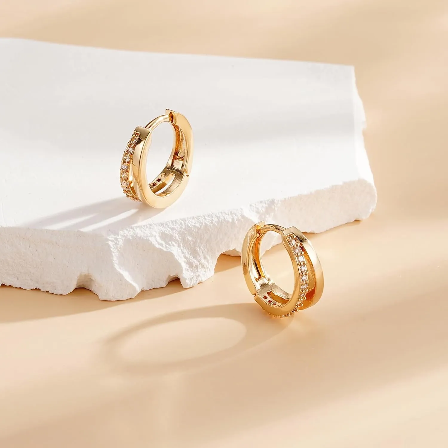925 Sterling Silver Double Hoop Earrings for Women, 18K Gold Plated Small Huggie Hoops with Cubic Zirconia, Hypoallergenic Dainty Cartilage Earrings for Sensitive Ears