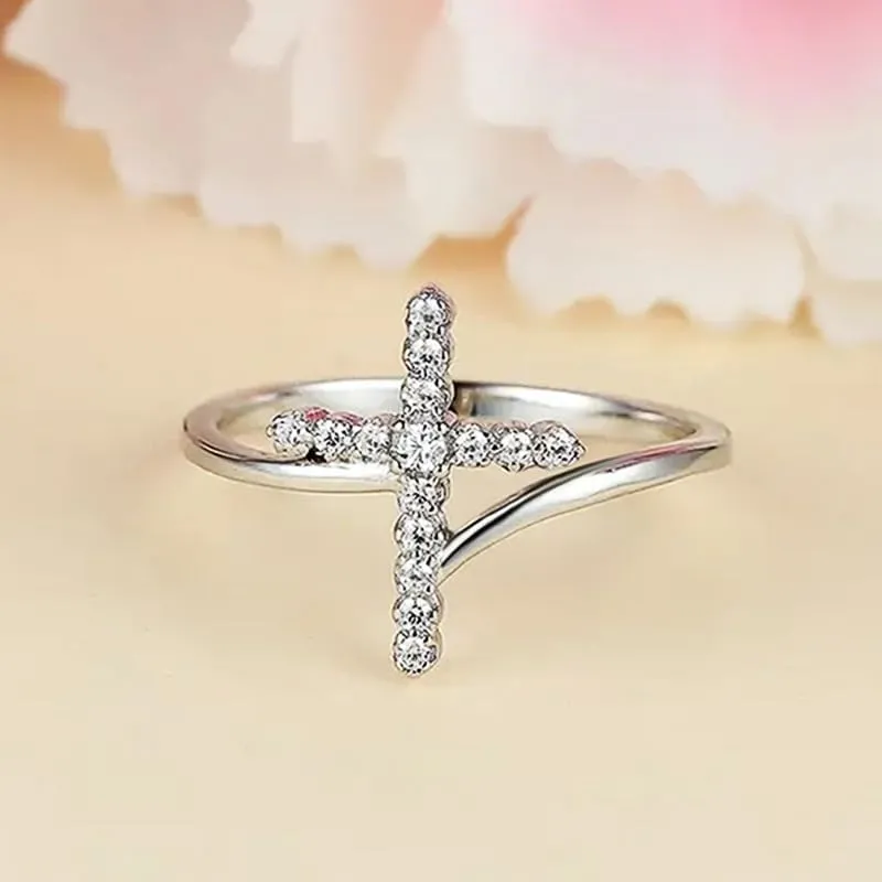 925 Sterling Silver Plated Petite CZ Cross Pave Statement Rings for Women,Faith Hope Love Sideways Cubic Zirconia Simulated Diamond Ring for Women's Size 7#