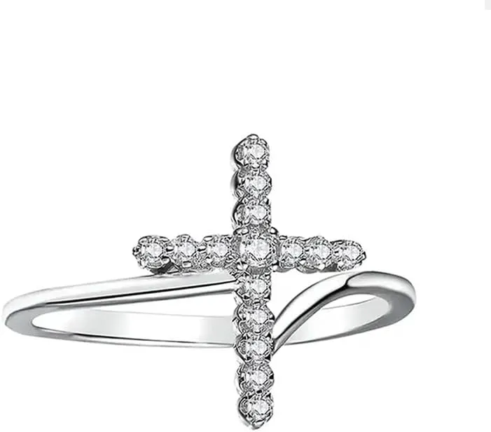 925 Sterling Silver Plated Petite CZ Cross Pave Statement Rings for Women,Faith Hope Love Sideways Cubic Zirconia Simulated Diamond Ring for Women's Size 7#