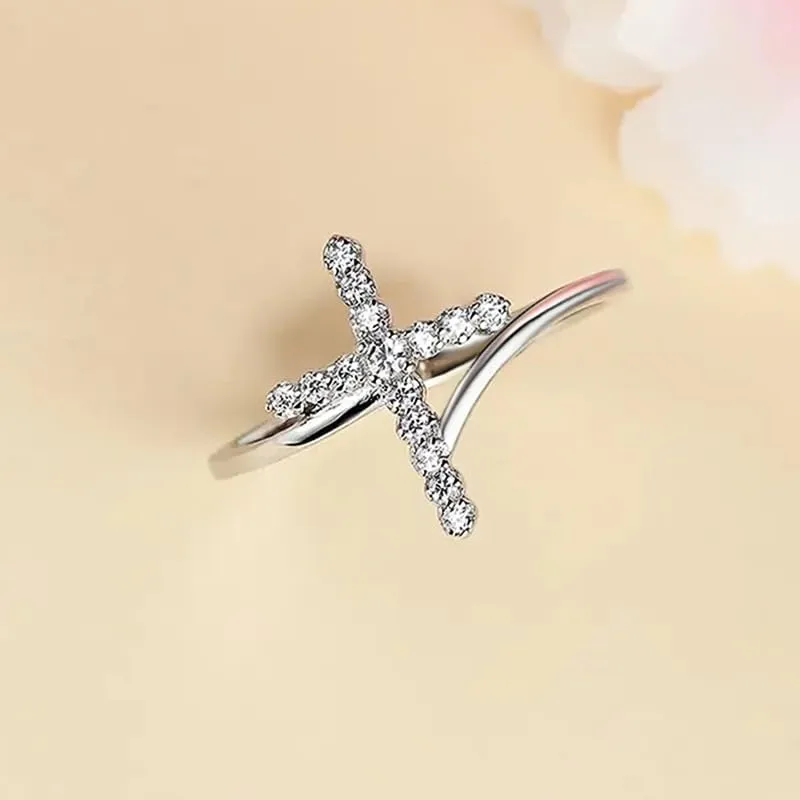 925 Sterling Silver Plated Petite CZ Cross Pave Statement Rings for Women,Faith Hope Love Sideways Cubic Zirconia Simulated Diamond Ring for Women's Size 7#