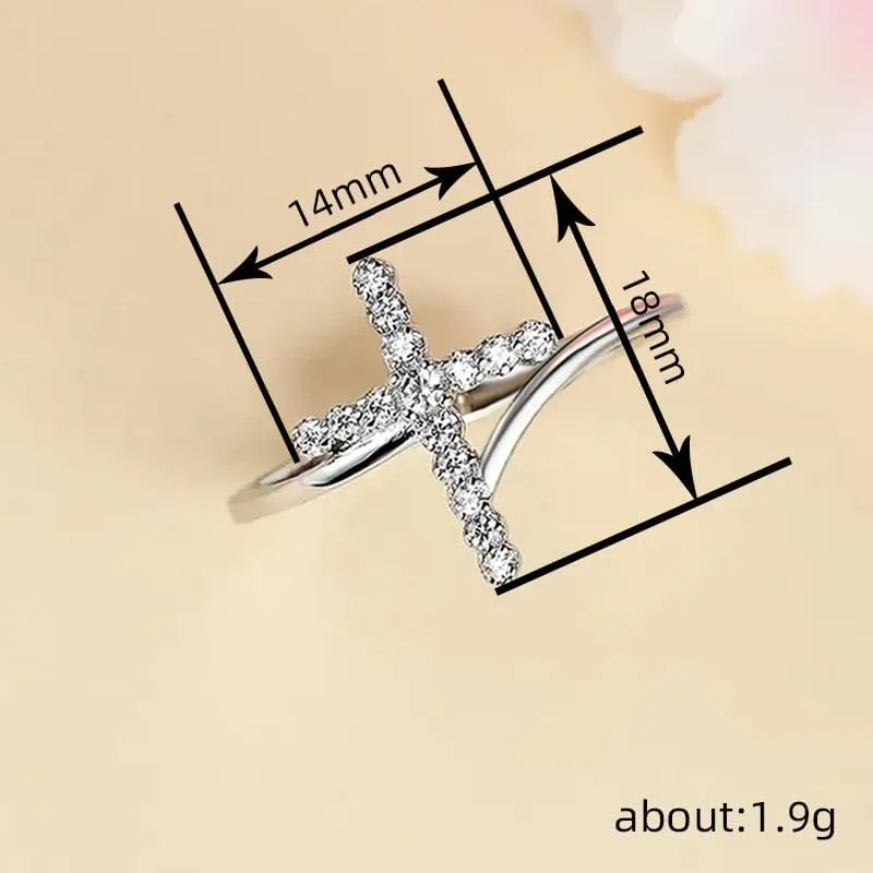 925 Sterling Silver Plated Petite CZ Cross Pave Statement Rings for Women,Faith Hope Love Sideways Cubic Zirconia Simulated Diamond Ring for Women's Size 7#