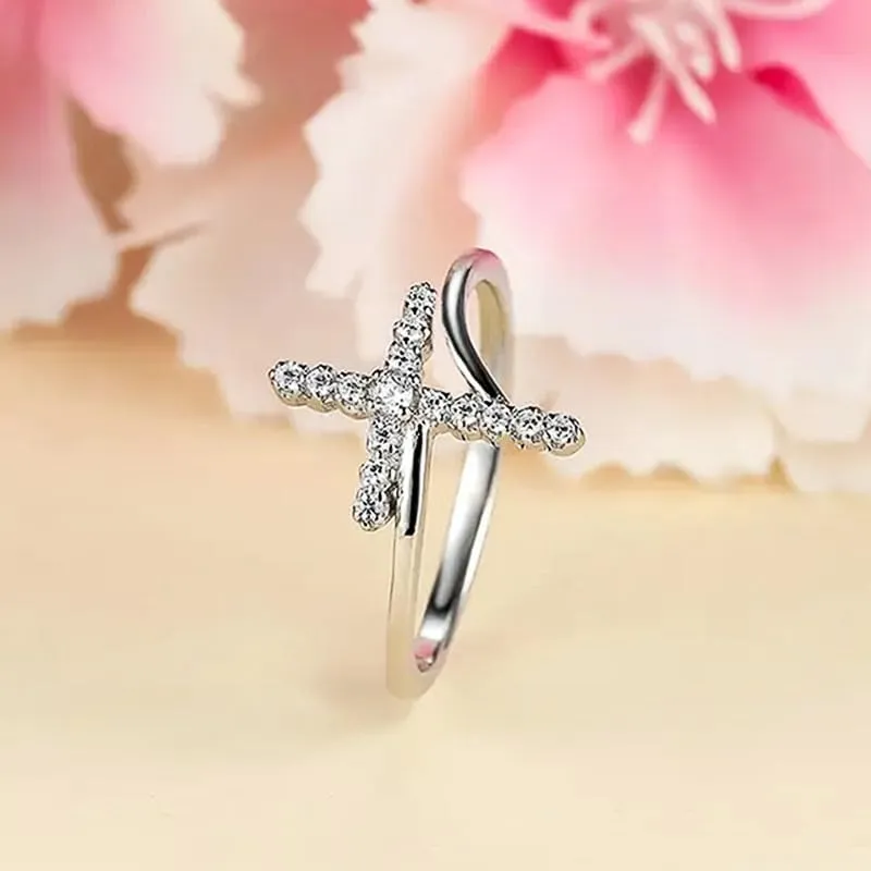 925 Sterling Silver Plated Petite CZ Cross Pave Statement Rings for Women,Faith Hope Love Sideways Cubic Zirconia Simulated Diamond Ring for Women's Size 7#