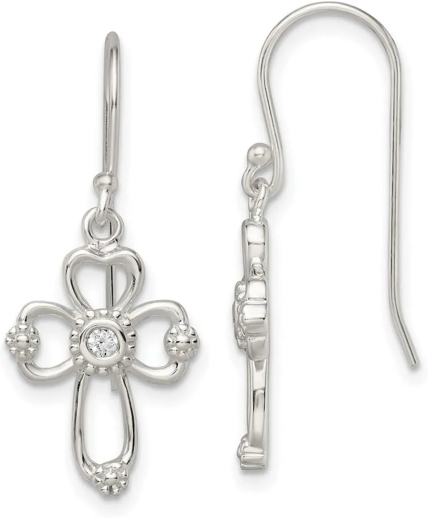 925 Sterling Silver Polished and Beaded CZ Simulated Diamond Religious Faith Cross Long Drop Dangle Earrings 29.1x12.25mm Wide-Dangle Earring for Women