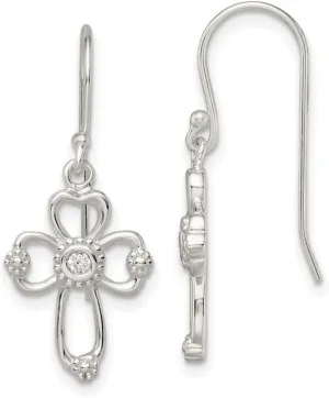 925 Sterling Silver Polished and Beaded CZ Simulated Diamond Religious Faith Cross Long Drop Dangle Earrings 29.1x12.25mm Wide-Dangle Earring for Women