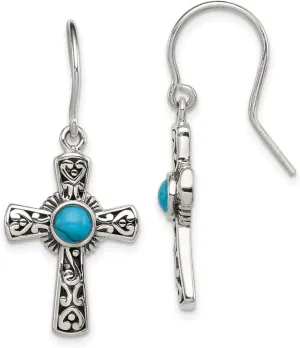 925 Sterling Silver Polished Artisan Oxidized Simulated Turquoise Religious Faith Cross Shepherd Hook Earrings 33x16mm Wide Stud Earring for Women