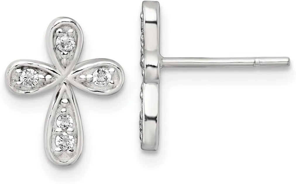 925 Sterling Silver Polished CZ Simulated Diamond Religious Faith Cross Post Earrings 12x9.5mm Wide Stud Earring for Women