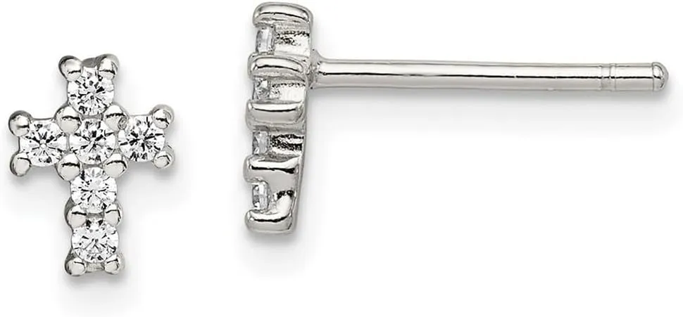 925 Sterling Silver Polished CZ Simulated Diamond Religious Faith Cross Post Earrings 8x5mm Wide Stud Earring for Women