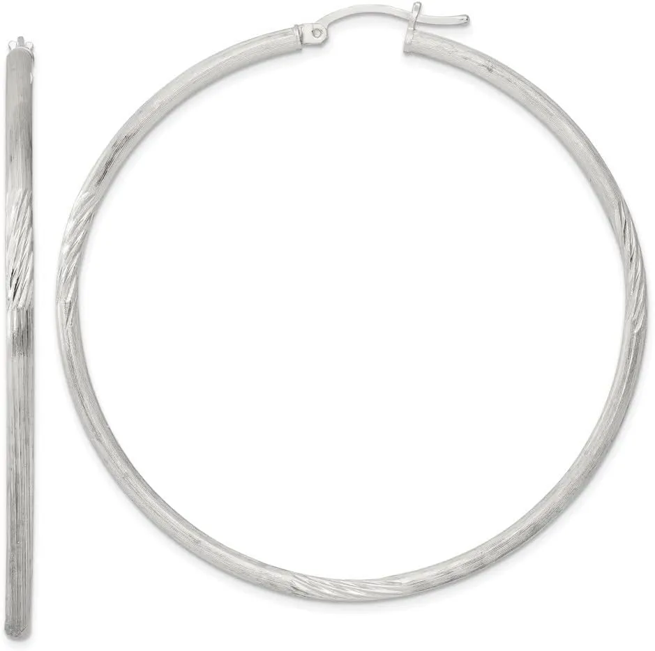 925 Sterling Silver Polished Diamond-cut Hoop Earrings (L-63mm, W-60mm)