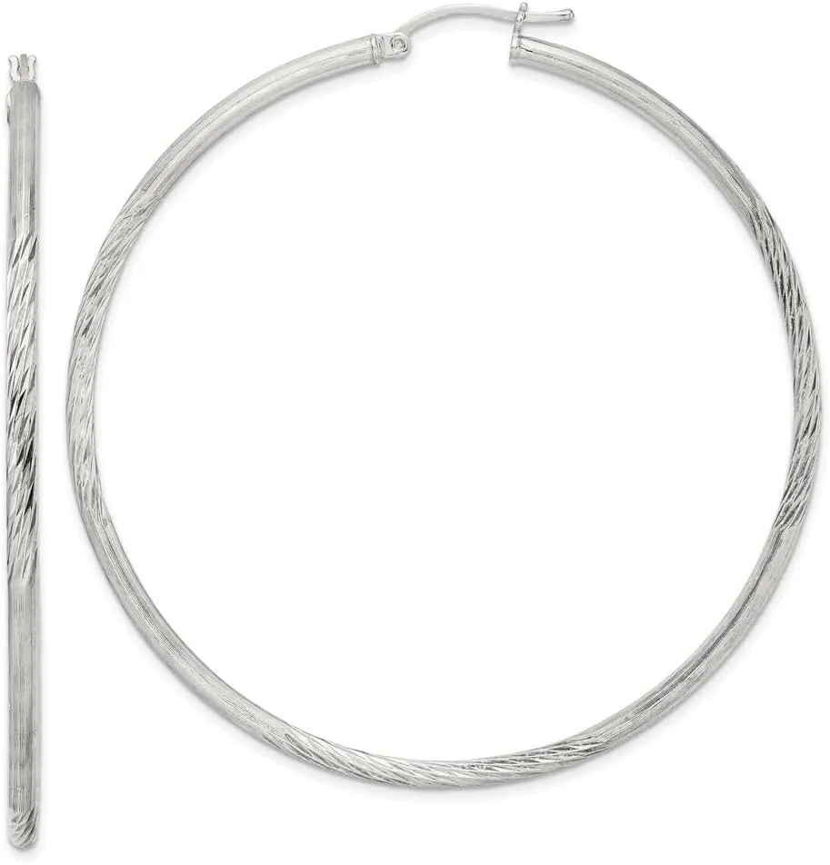 925 Sterling Silver Polished Diamond-cut Hoop Earrings (L-67mm, W-65mm)