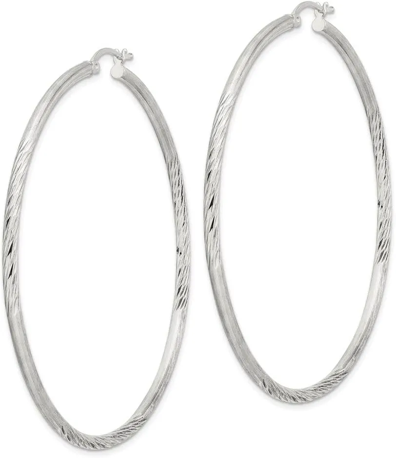925 Sterling Silver Polished Diamond-cut Hoop Earrings (L-67mm, W-65mm)
