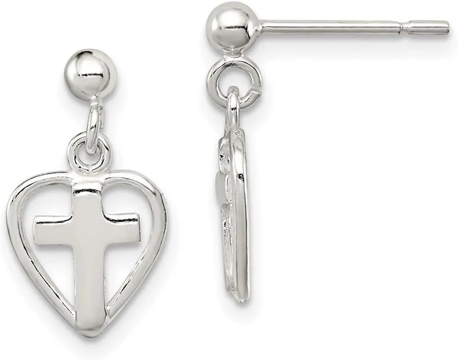 925 Sterling Silver Polished Post Religious Faith Cross In Love Heart Earrings 17x10mm Wide Dangle Earring for Women