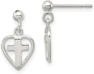 925 Sterling Silver Polished Post Religious Faith Cross In Love Heart Earrings 17x10mm Wide Dangle Earring for Women