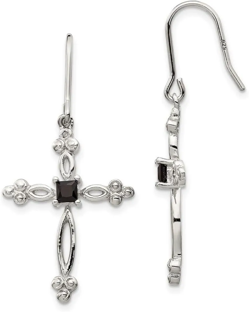 925 Sterling Silver Polished Shepherd hook Diamond Accent Cubic Zirconia Religious Faith Cross Earrings 41x20mm Wide Dangle Earring for Women