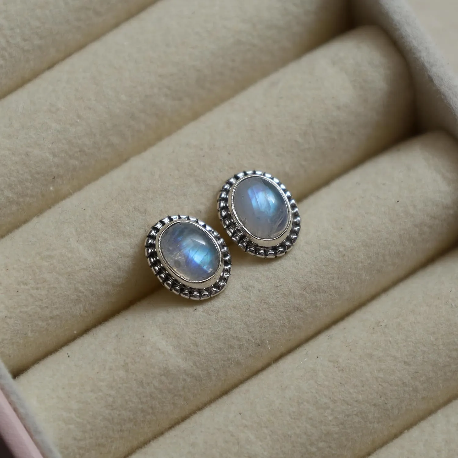 925 Sterling Silver Rainbow Moonstone Oxidised Stud Earrings, June Birthstone Crystal Earrings, Handmade Gemstone Jewelry for Girls & Womens, Trendy Silver Jewelry