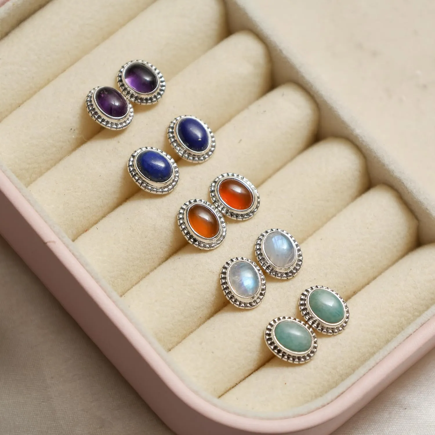 925 Sterling Silver Rainbow Moonstone Oxidised Stud Earrings, June Birthstone Crystal Earrings, Handmade Gemstone Jewelry for Girls & Womens, Trendy Silver Jewelry