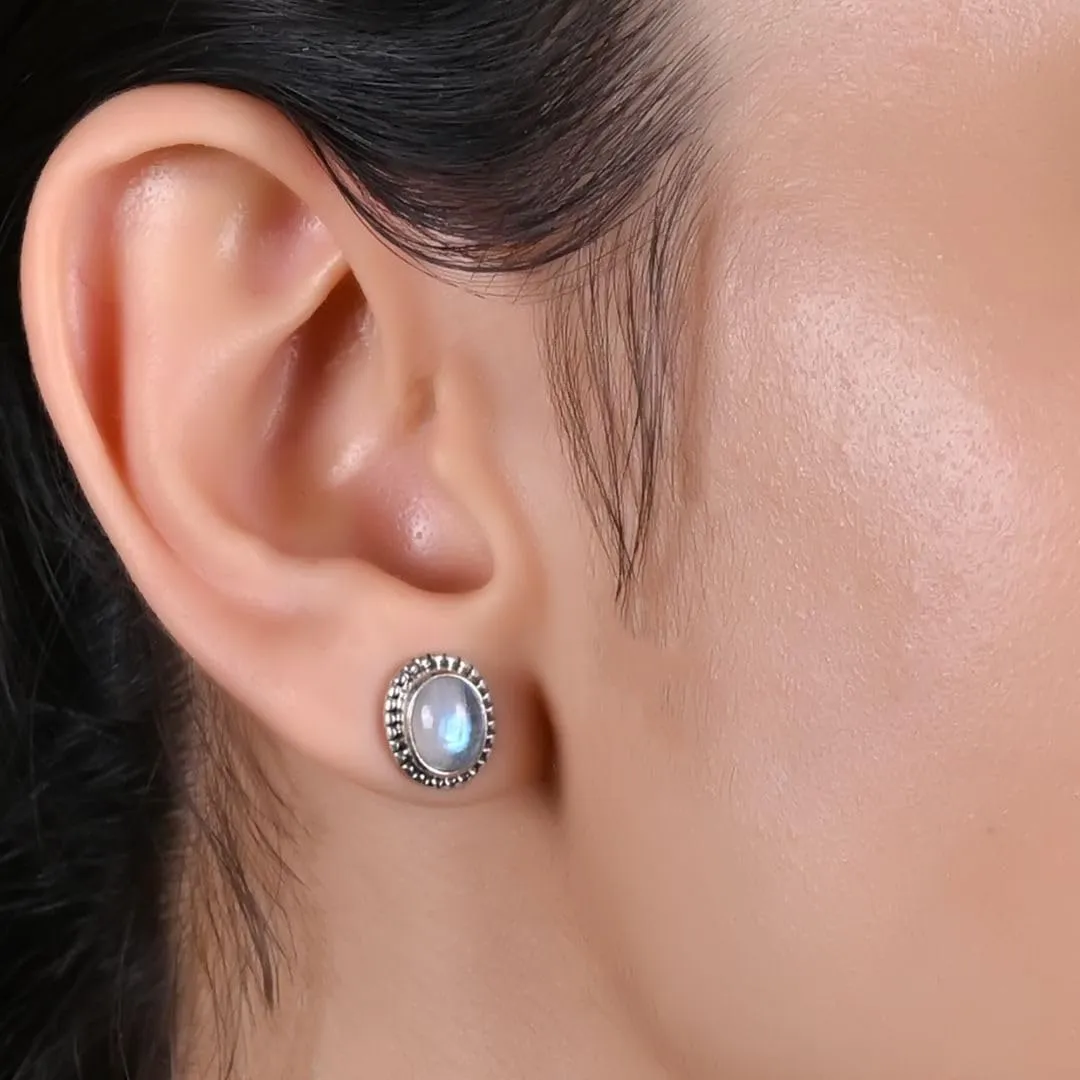 925 Sterling Silver Rainbow Moonstone Oxidised Stud Earrings, June Birthstone Crystal Earrings, Handmade Gemstone Jewelry for Girls & Womens, Trendy Silver Jewelry