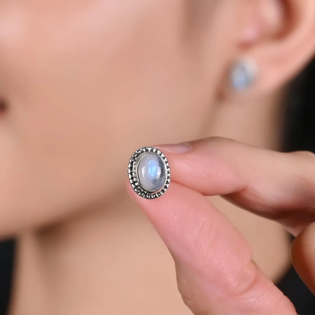 925 Sterling Silver Rainbow Moonstone Oxidised Stud Earrings, June Birthstone Crystal Earrings, Handmade Gemstone Jewelry for Girls & Womens, Trendy Silver Jewelry