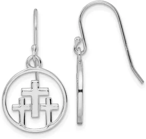 925 Sterling Silver Rhodium Plated Polished 3 Religious Faith Crosses In Circle Long Drop Dangle Earrings 28.3x14.6mm Wide-Dangle Earring for Women