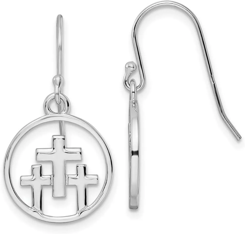 925 Sterling Silver Rhodium Plated Polished 3 Religious Faith Crosses In Circle Long Drop Dangle Earrings 28.3x14.6mm Wide-Dangle Earring for Women