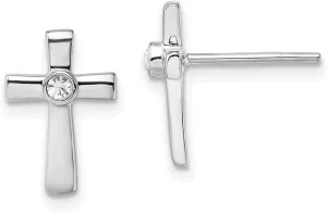 925 Sterling Silver Rhodium Plated Polished With CZ Simulated Diamond Religious Faith Cross Post Earrings 12.5x8.4m Stud Earring for Women
