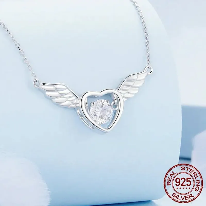 925 Sterling Silver Shiny Zircon Heart Pendant Necklace Guardian Wings Neck Chain for Women Birthday Gift Jewelry