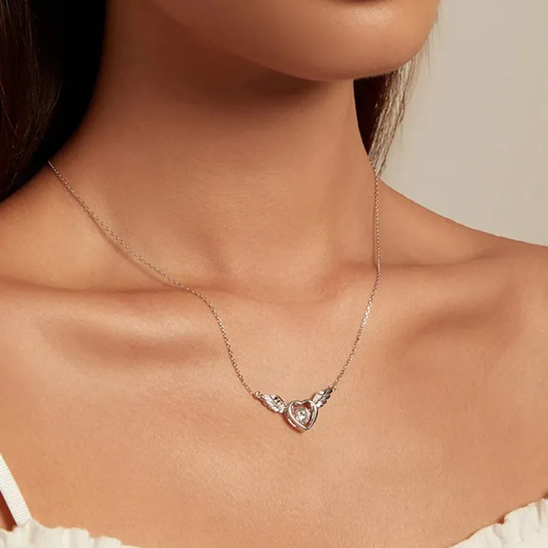 925 Sterling Silver Shiny Zircon Heart Pendant Necklace Guardian Wings Neck Chain for Women Birthday Gift Jewelry