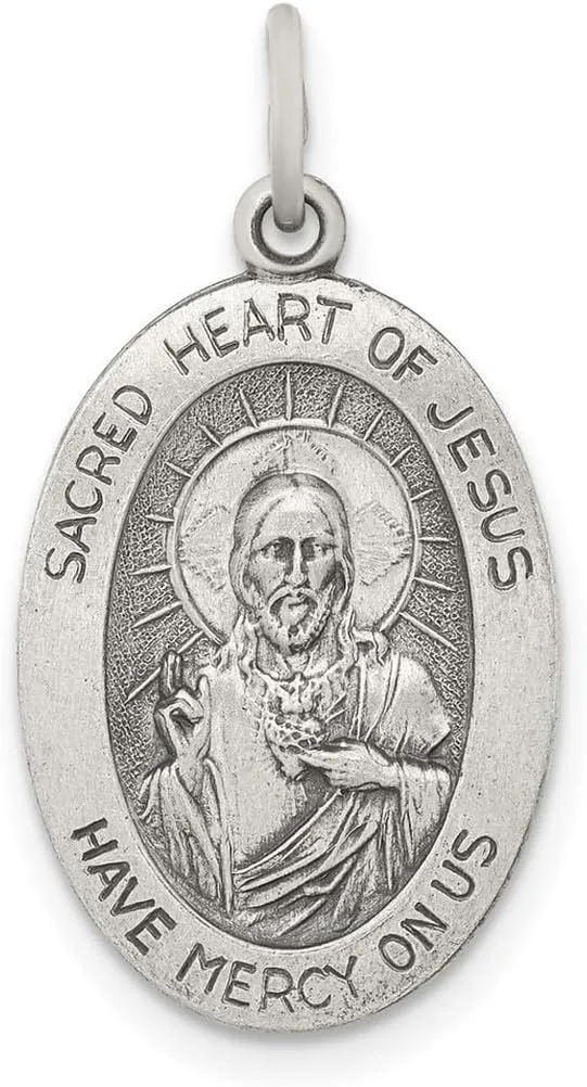 925 Sterling Silver Solid Satin Back Artisan Oxidized Antiqued Sacred Love Heart Pendant Necklace of Religious Faith Inspiration Jesus-Pendant 22x15mm Wide - Jewelry Gift for Mom