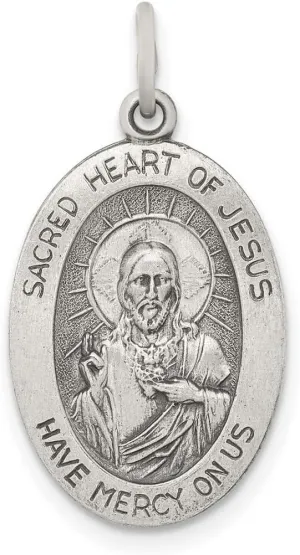 925 Sterling Silver Solid Satin Back Artisan Oxidized Antiqued Sacred Love Heart Pendant Necklace of Religious Faith Inspiration Jesus-Pendant 22x15mm Wide - Jewelry Gift for Mom